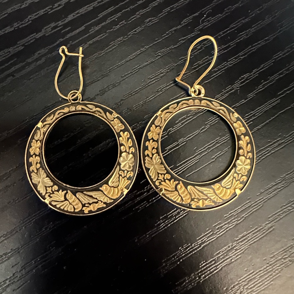 Vintage Damascene Elegant Gold Floral Hoop Earrings from Spain